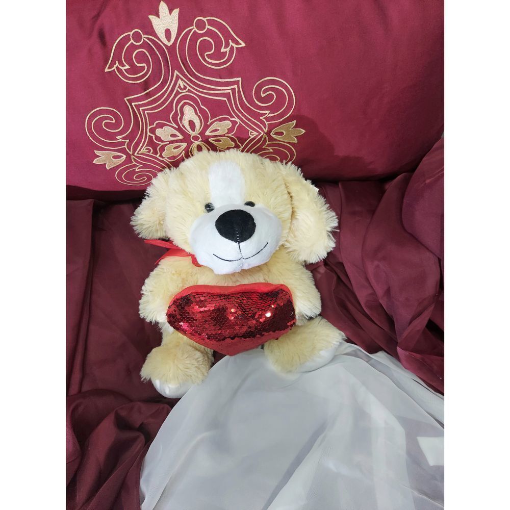 Puppy Plush and Sequin Heart Pillow